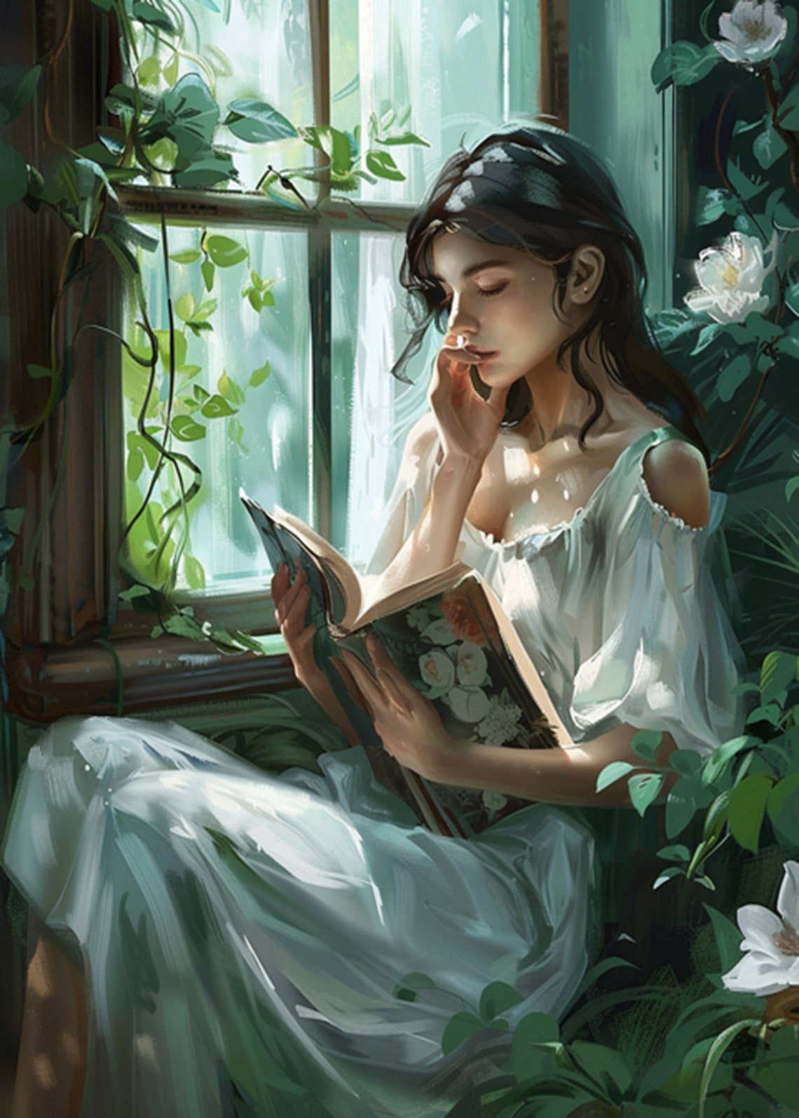 Woman Reading in a Light-Filled Botanical Window Nook Poster - Image 2