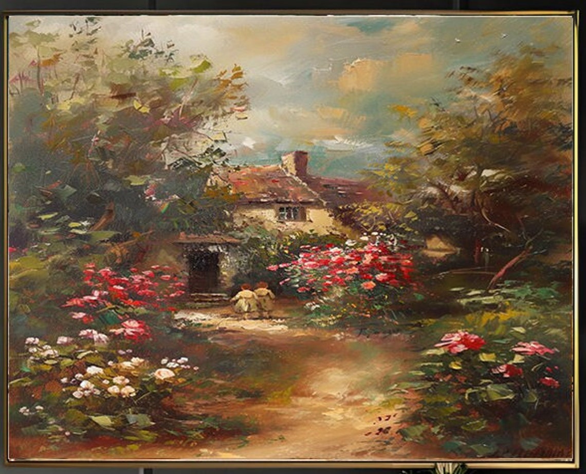 Children Playing in Cottage Rose Garden Rustic Farmhouse Path Poster - Image 2