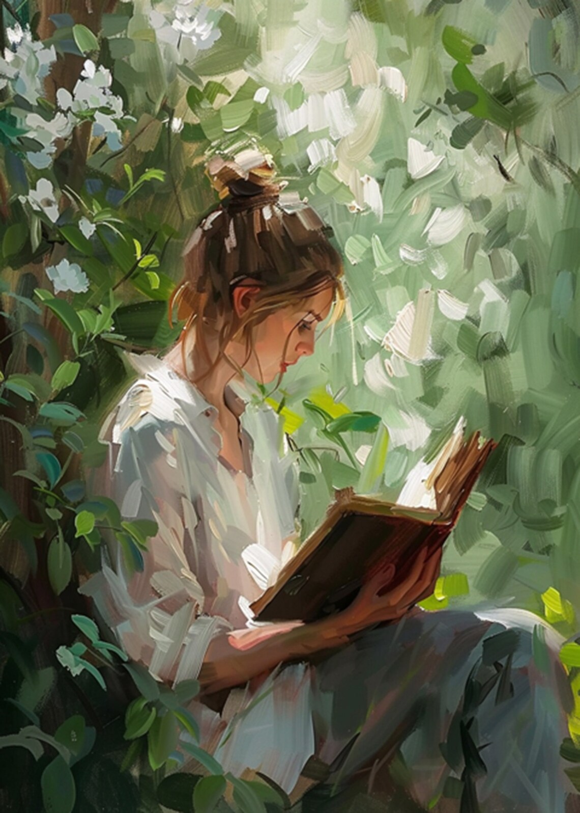 Woman Reading in a Flowering Garden Nook Oil Painting Poster - Image 2