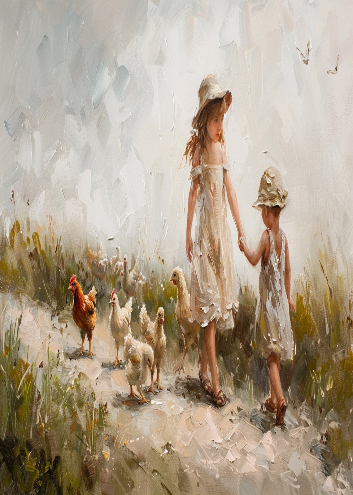 Two Girls in White Dresses with Chickens on Farm Path Poster - Image 3
