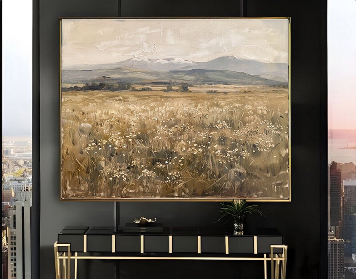 Golden Wheat Field Before Mountains Vintage Landscape Wall Art