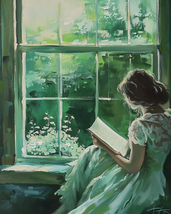 Woman Reading at an Emerald Green Window Vintage Oil Painting Poster