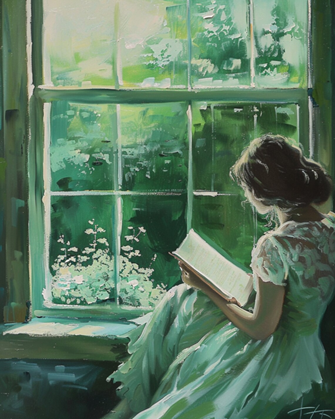 Woman Reading at an Emerald Green Window Vintage Oil Painting Poster