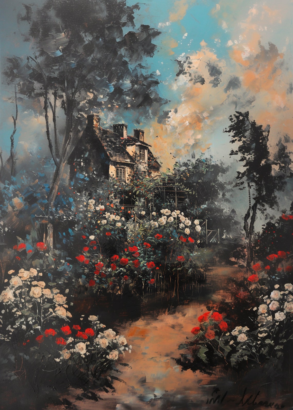 Winding Path Through Red White Rose Garden Under Blue Sky Poster - Image 3