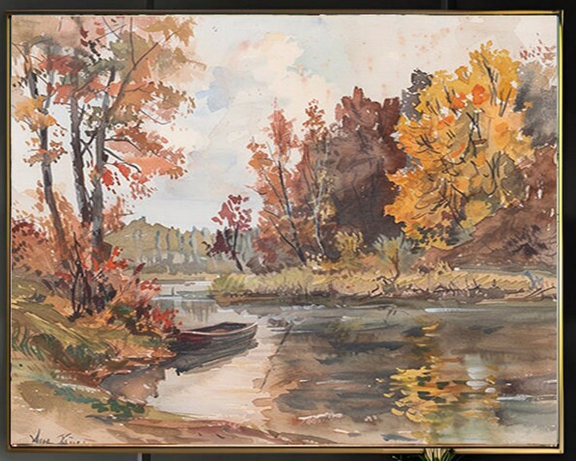 Autumn Cove Scene with Moored Rowboat Watercolor Painting Poster - Image 2