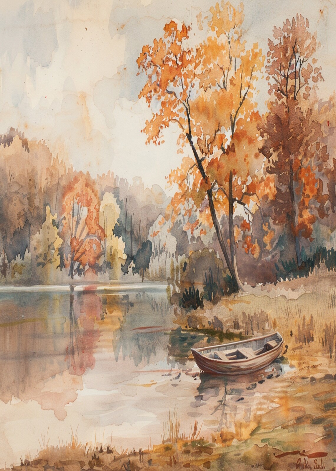 Autumn Lake with Rowboat on Shore Watercolor Painting Poster - Image 3