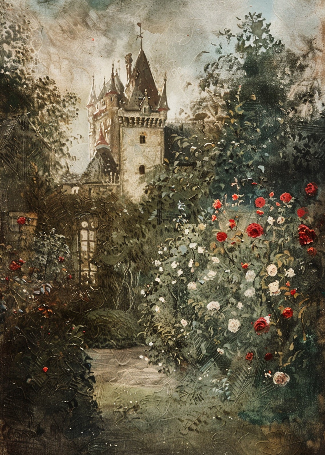 Stone Castle With Pointed Spires Garden Path Rose Bushes Poster - Image 3