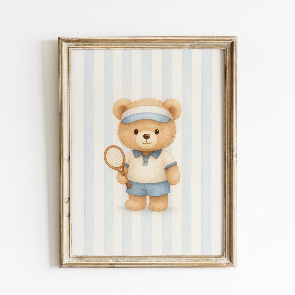 Teddy Bear Tennis Player With Racket Blue Stripe Nursery Art Poster