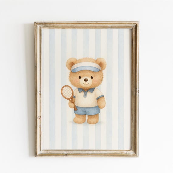 Teddy Bear Tennis Print Sport Nursery Decor Animal Art Blue Stripes Playroom Kids Room Baby