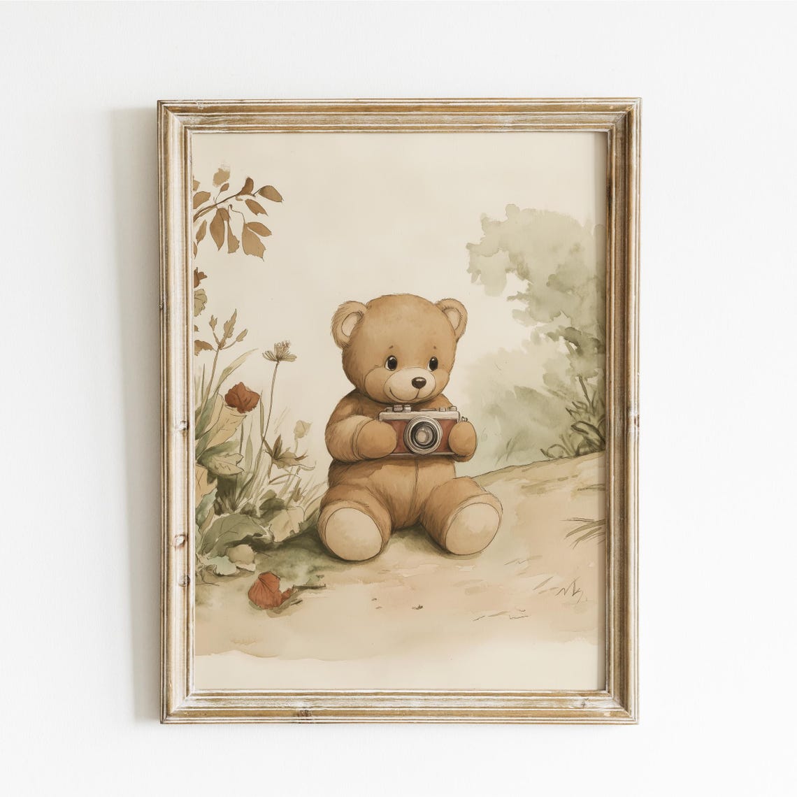 Teddy Bear Sitting With Red Vintage Camera in Wildflower Field Poster