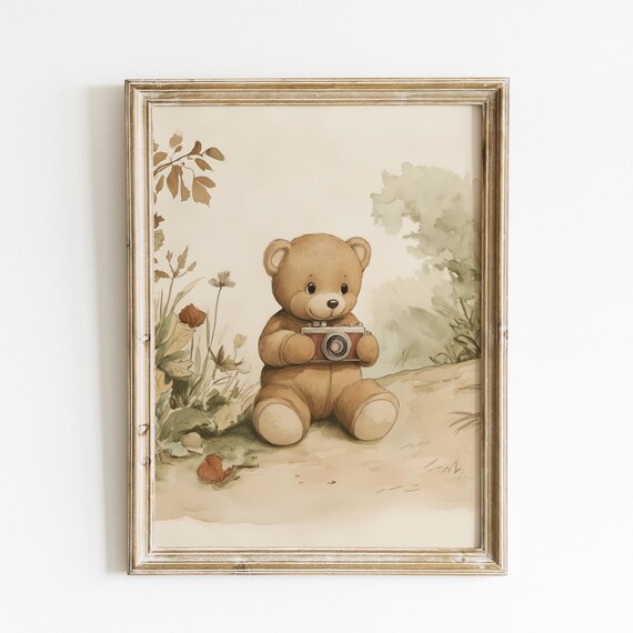 Teddy Bear Sitting With Red Vintage Camera in Wildflower Field Poster