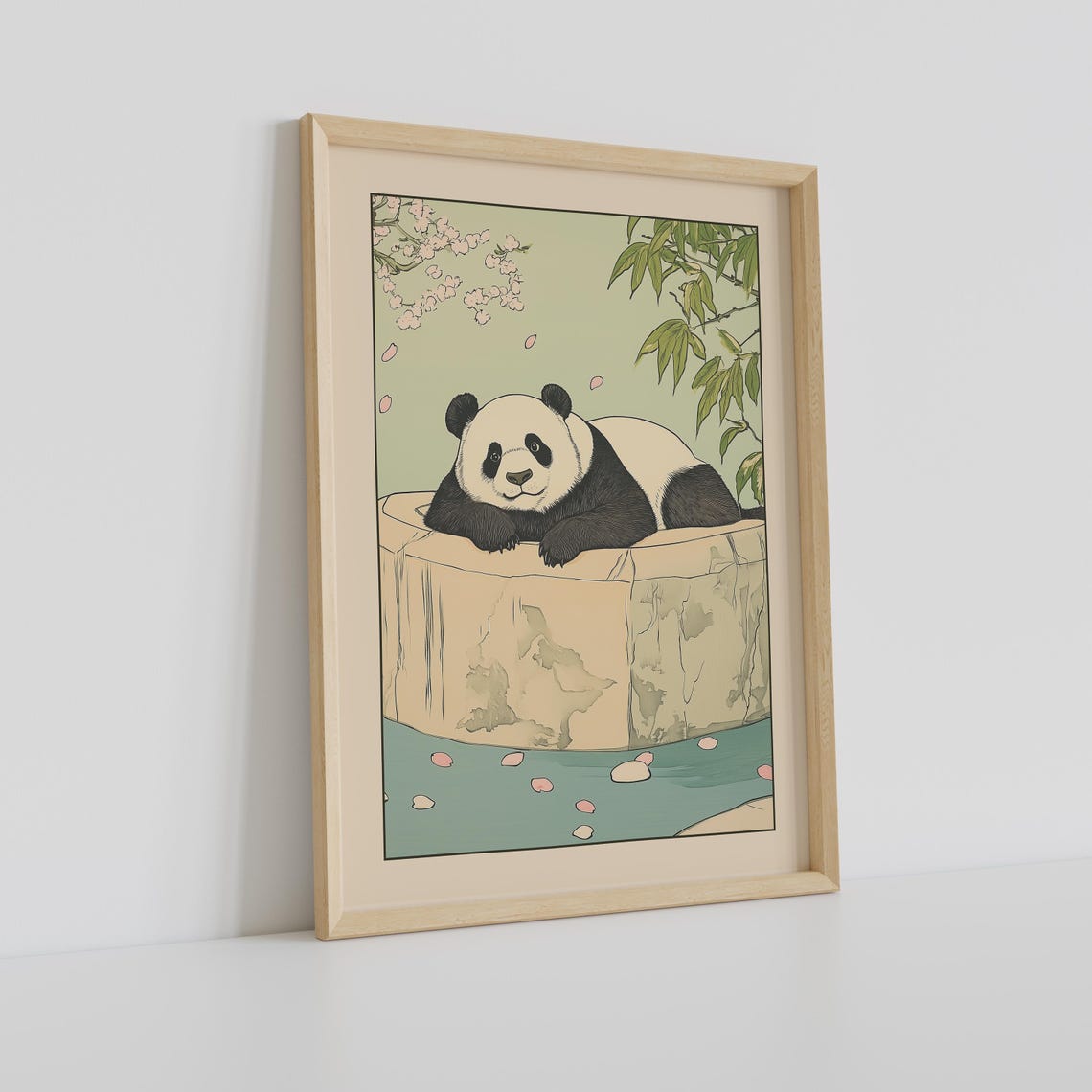 Giant Panda Lounging by Stone Pool Under Cherry Blossoms Poster - Image 2