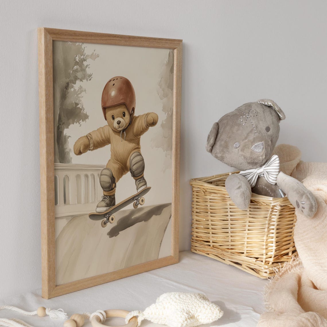 Teddy Bear Skateboarder in Helmet and Pads on Ramp Watercolor Poster - Image 3