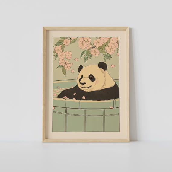 Panda In A Bathtub Print Japanese Bathroom Wall Art Cute Japandi Relaxing Poster Decor