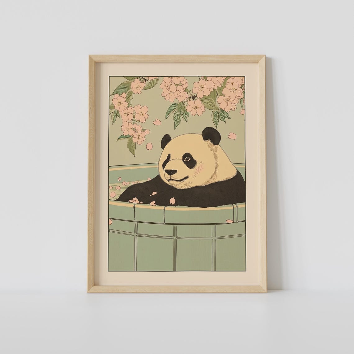 Panda In A Bathtub Print Japanese Bathroom Wall Art Cute Japandi Relaxing Poster Decor