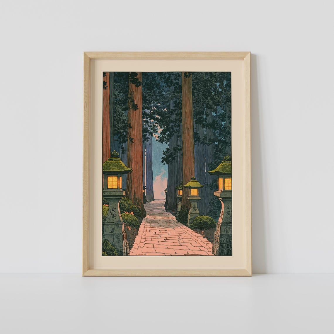 Japanese Temple Pathway With Stone Lanterns At Dusk Art Print