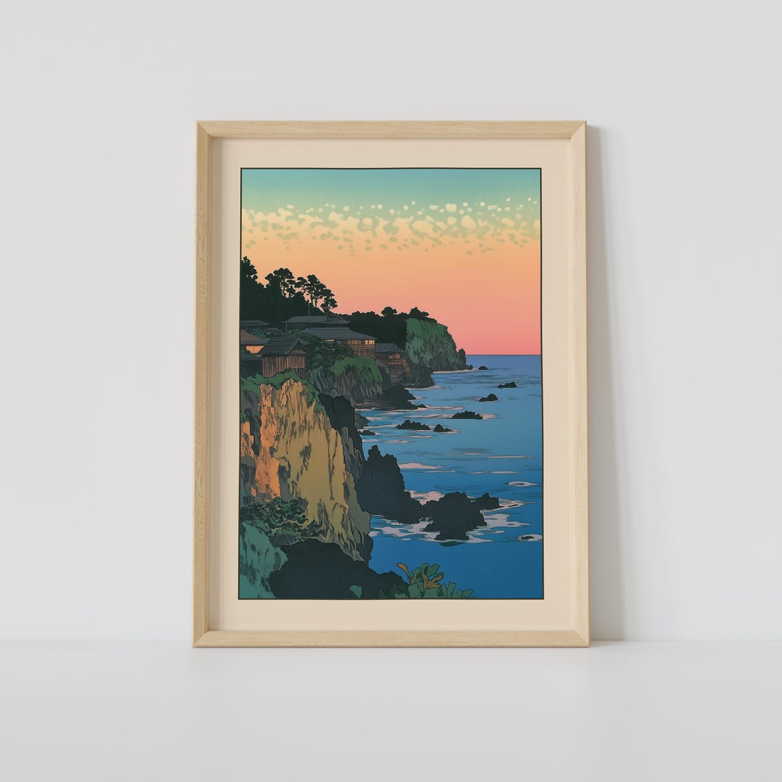 Japanese Coastal Cliffs At Sunset Over Ocean Woodblock Art Print