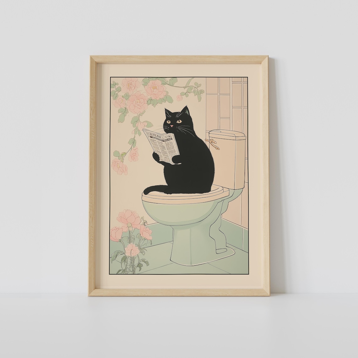 Black Cat Sitting on a Toilet Reading a Newspaper Japanese Poster