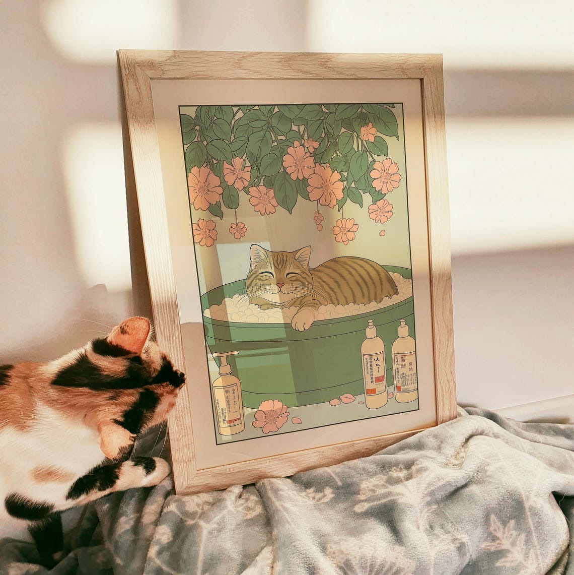 Happy Tabby Cat Eyes Closed in Green Bubble Bath Blossom Poster - Image 3