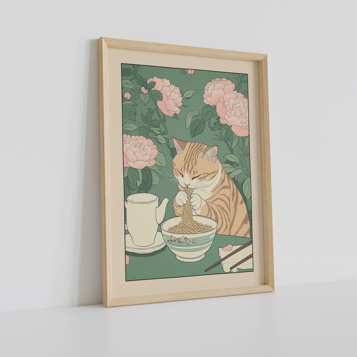 Tabby Cat Slurping Noodles from a Bowl in Japanese Kitchen Poster - Image 2