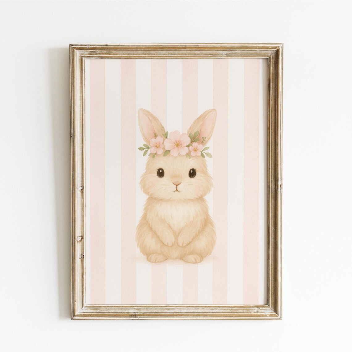 Cute Bunny With Floral Crown Pink Stripe Nursery Room Art Poster