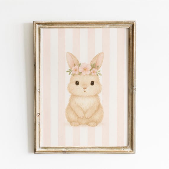 Floral Crowned Bunny Print Nursery Decor Animal Art Pink Stripes Playroom Kids Room Baby