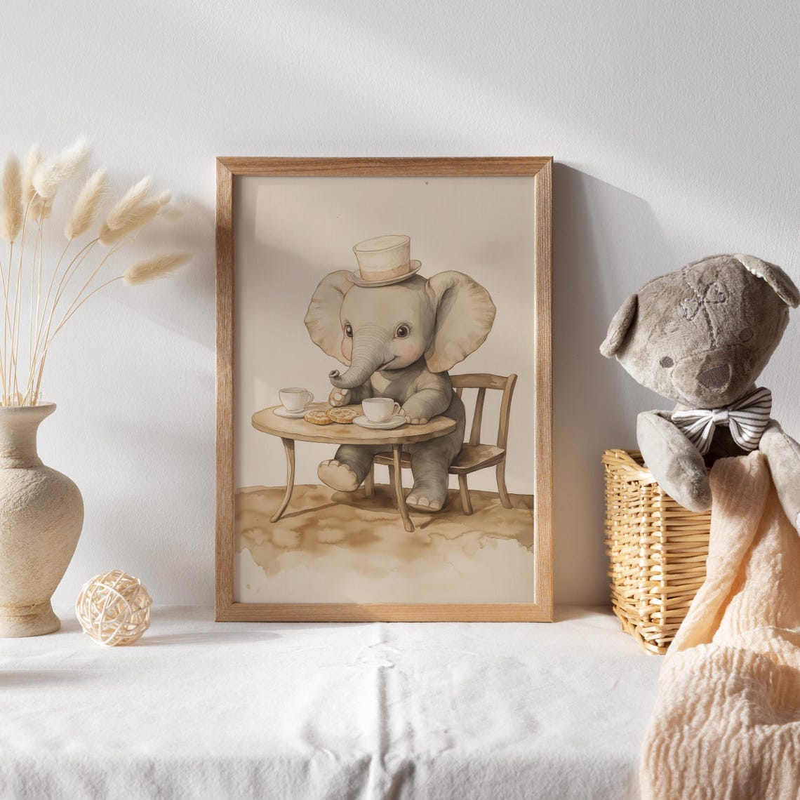 Baby Elephant in Top Hat Having Tea Party With Cookies Poster - Image 2