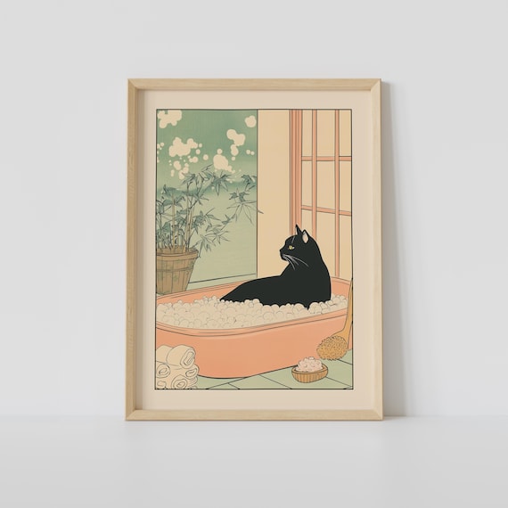 Black Cat in a Bubble-Filled Oval Tub by a Shoji Screen Poster
