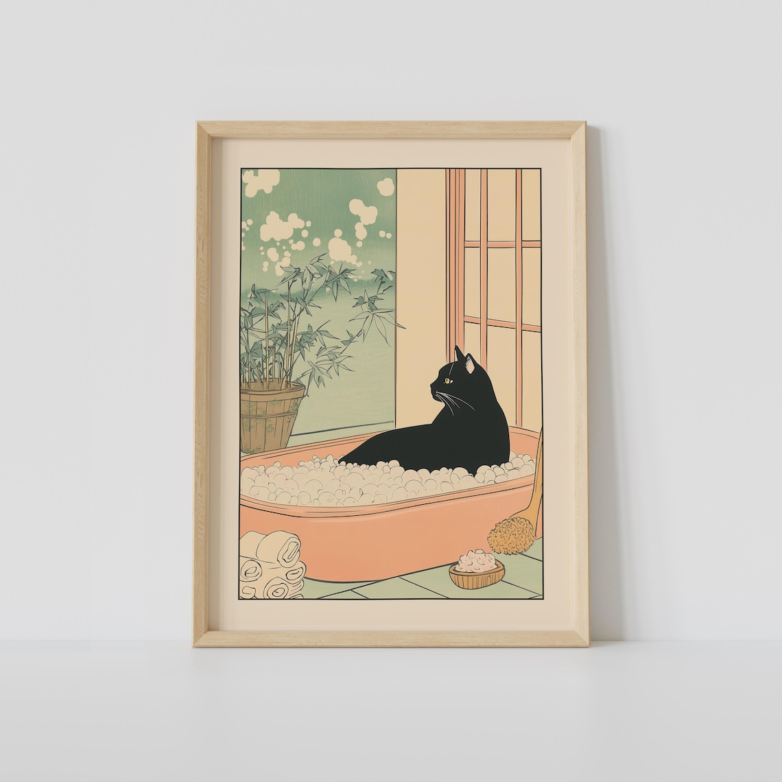 Black Cat in a Bubble-Filled Oval Tub by a Shoji Screen Poster