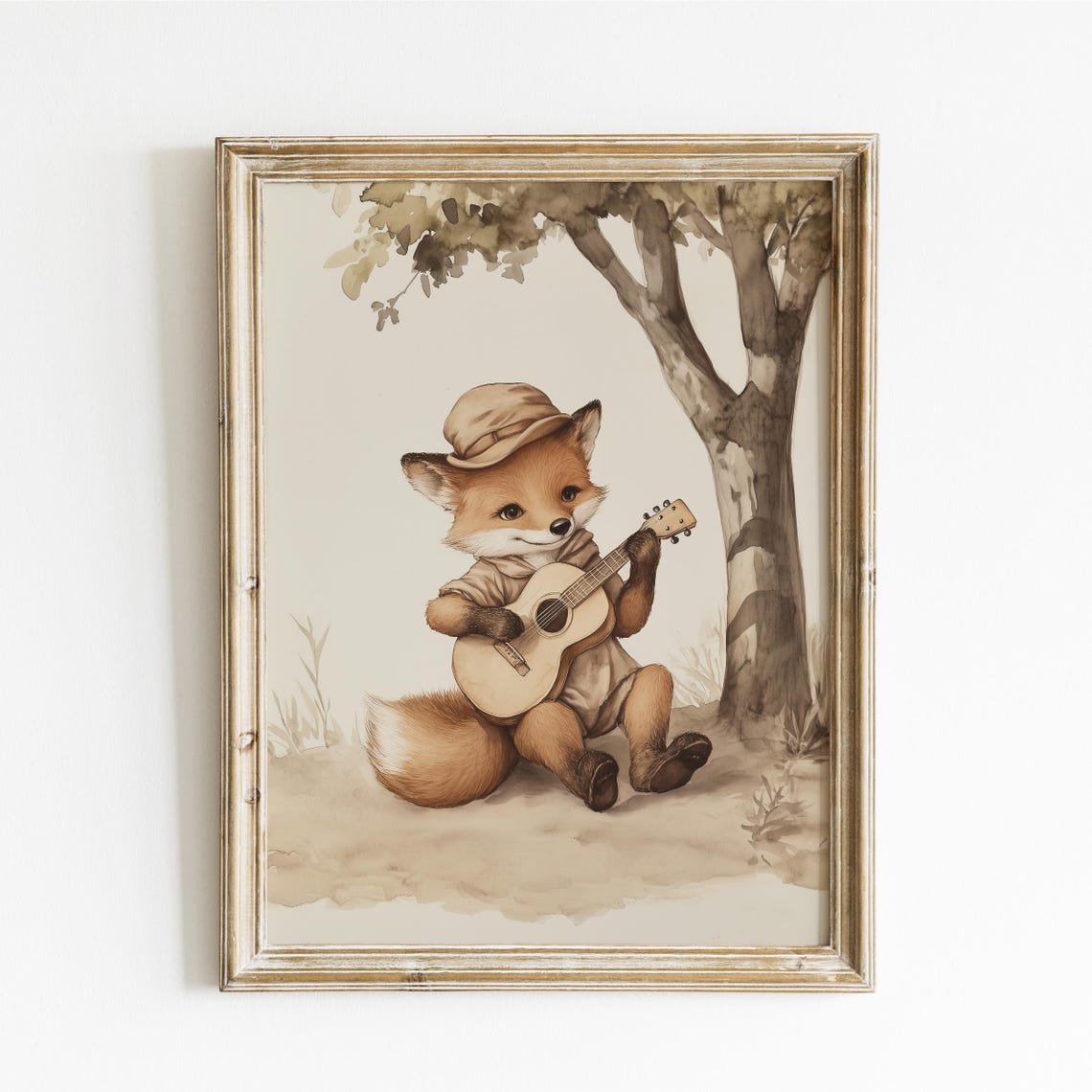 Fox Playing Acoustic Guitar Under a Tree Wearing a Cap Poster