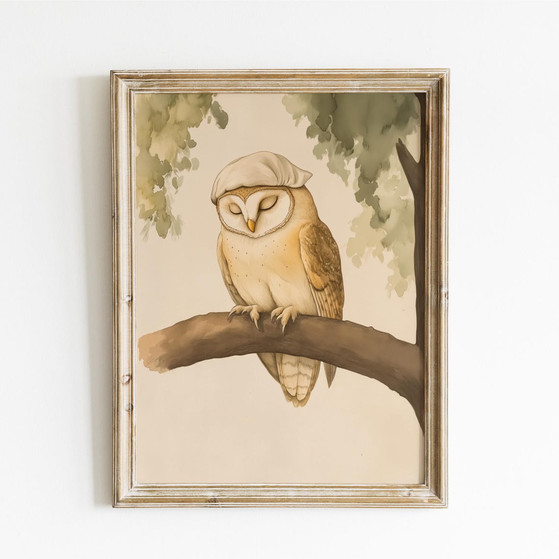 Sleeping Barn Owl in a Nightcap on a Leafy Tree Branch Poster