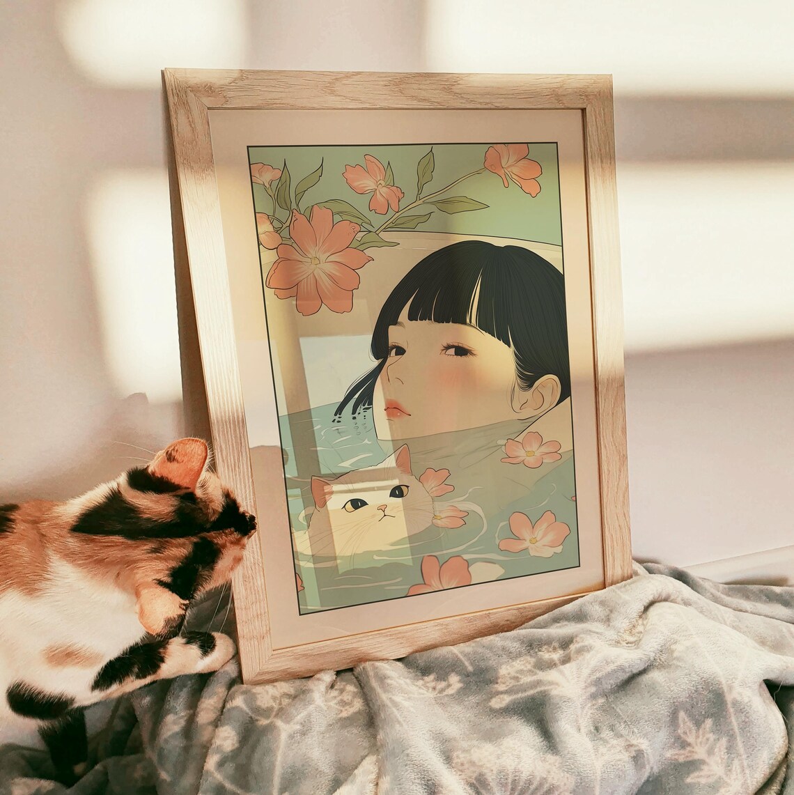 Japanese Girl Bathing with a White Cat Among Blooming Flowers Poster - Image 3