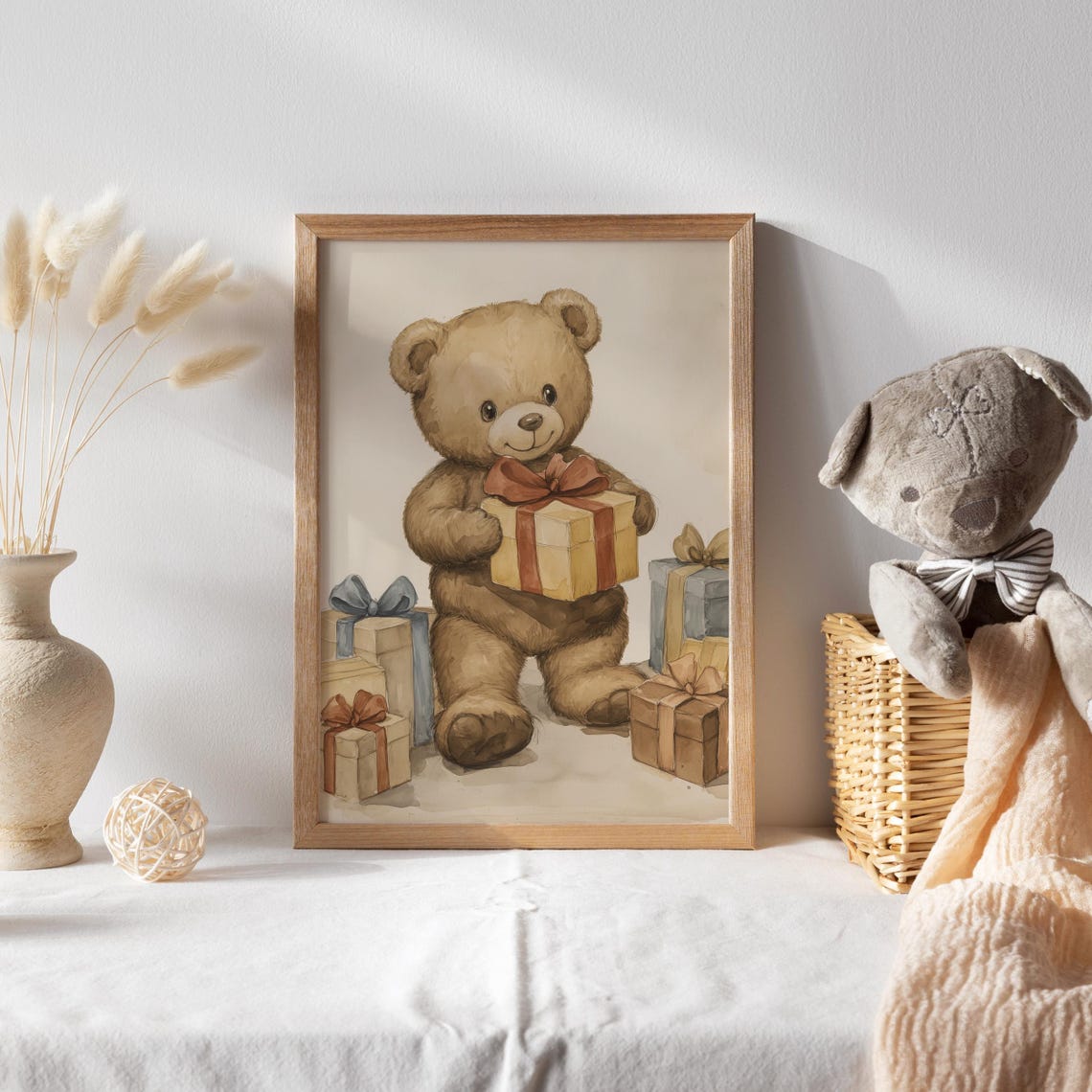 Teddy Bear Holding Gift Box Surrounded by Presents Watercolor Poster - Image 2