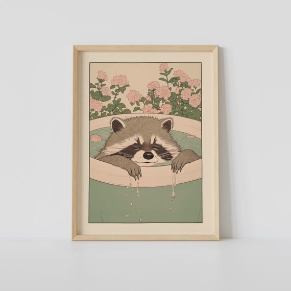 Raccoon In A Bathtub Print Japanese Bathroom Wall Art Japandi Relaxing Poster Decor