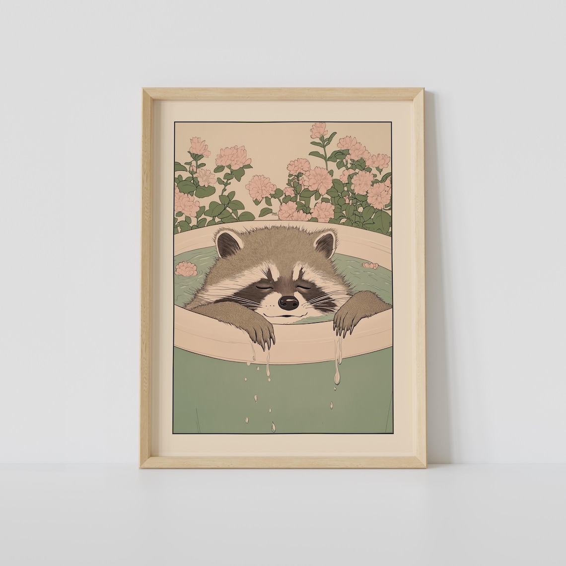Raccoon In A Bathtub Japanese Woodblock Style Relaxing Art Print