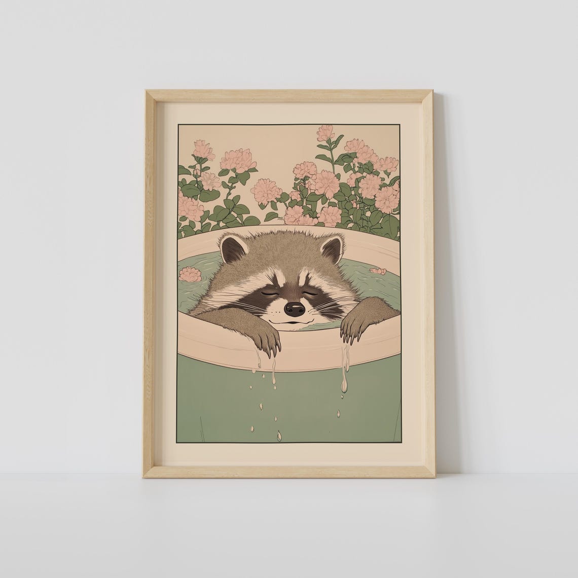 Raccoon In A Bathtub Print Japanese Bathroom Wall Art Japandi Relaxing Poster Decor