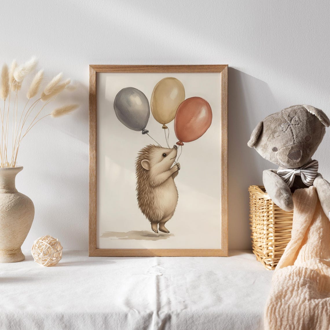 Hedgehog Holding Three Balloons Walking Pastel Watercolor Poster - Image 2