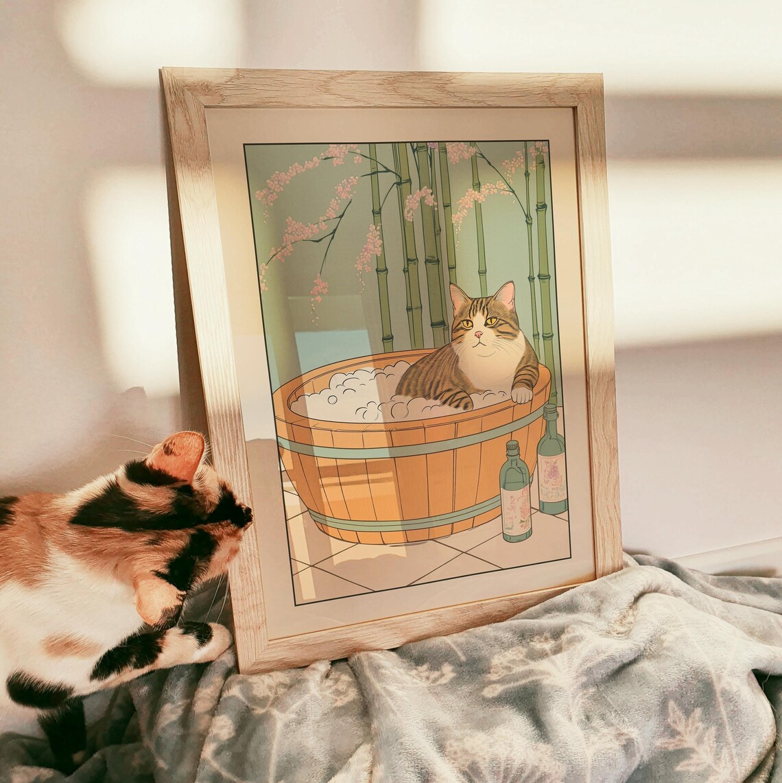 Tabby Cat in a Wooden Barrel Bubble Bath with Bamboo Stalks Poster - Image 3