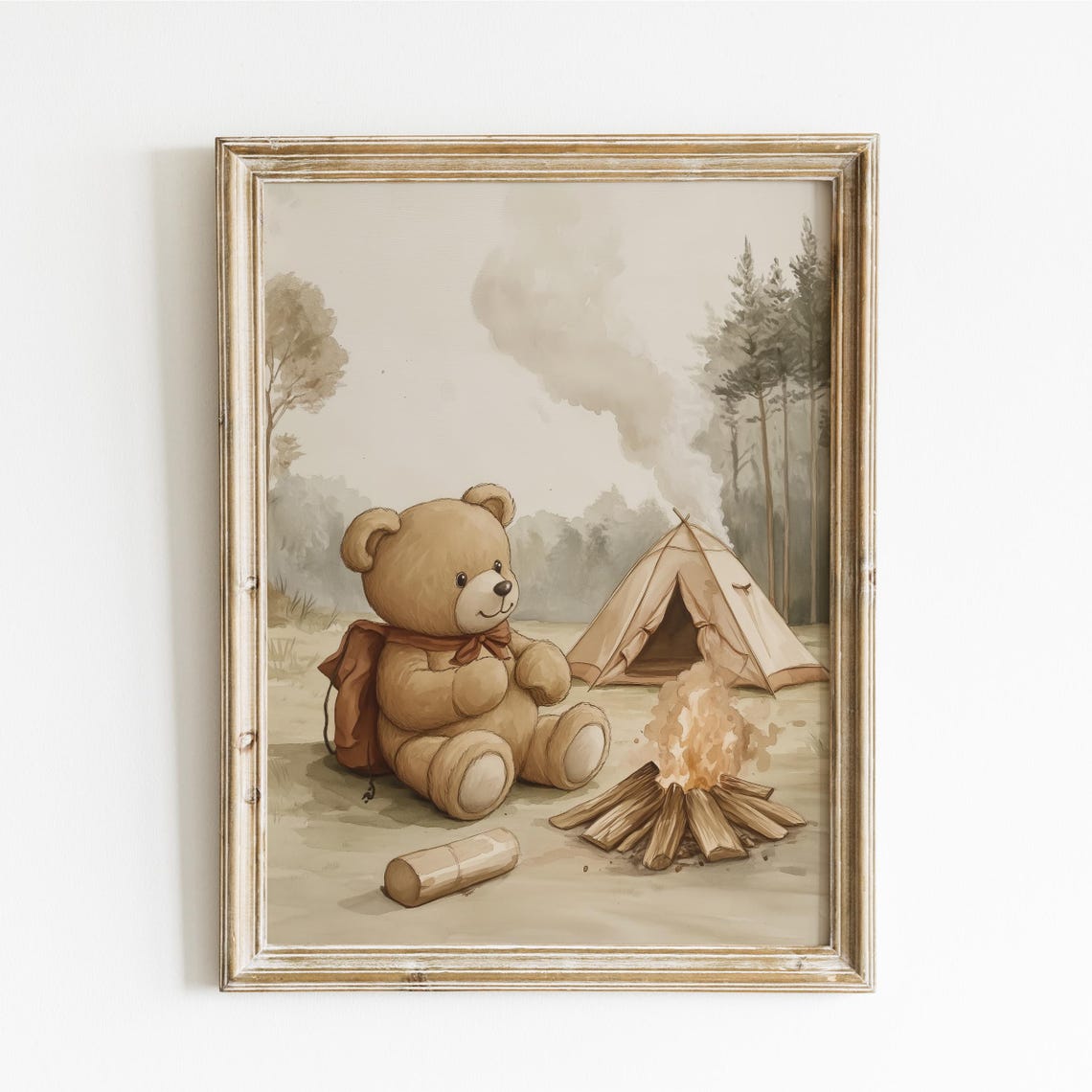 Teddy Bear Camping by Campfire With Tent and Backpack Poster