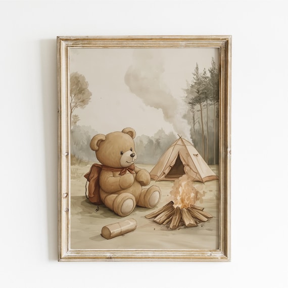 Teddy Bear Camping by Campfire With Tent and Backpack Poster