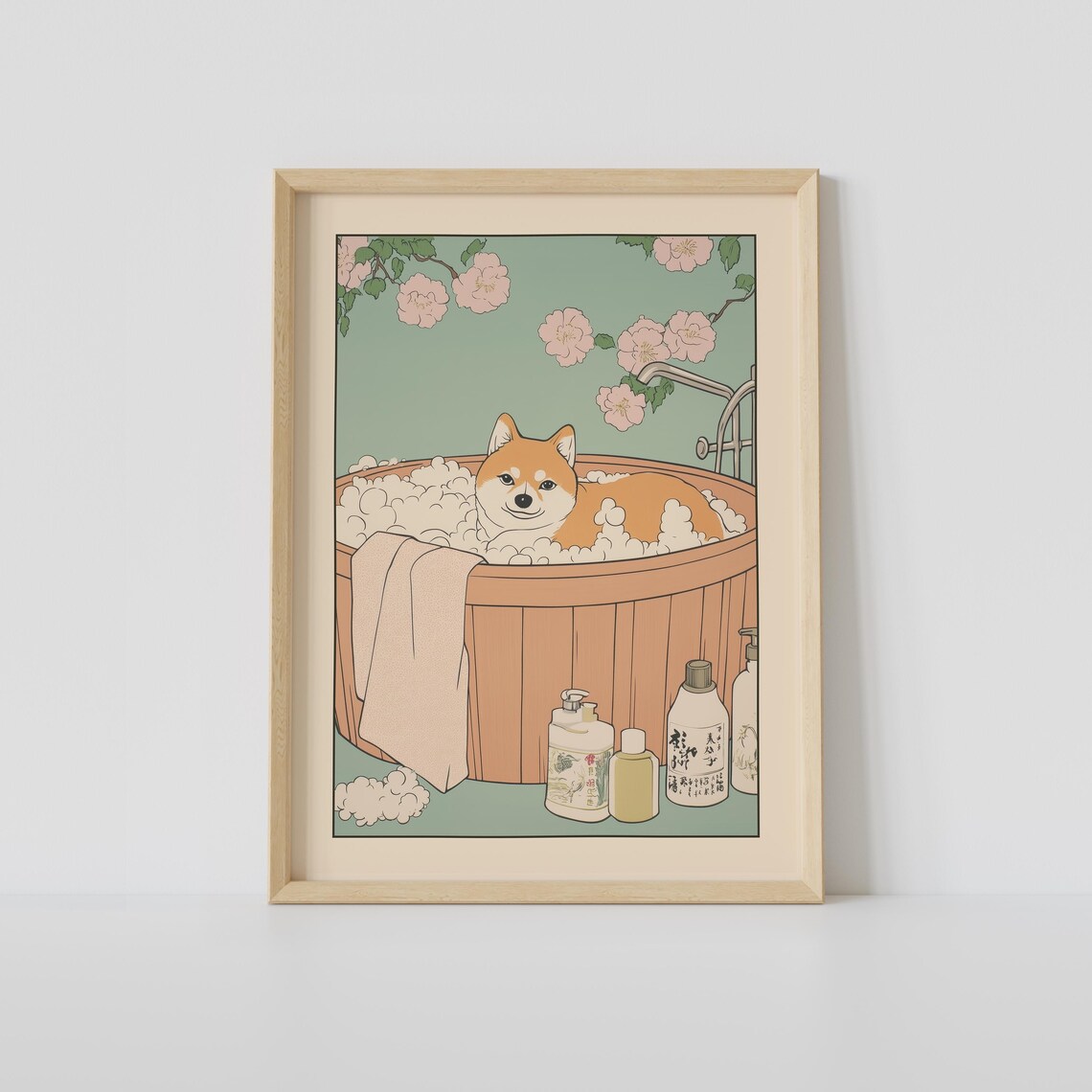 Shiba Inu Bath Time in Wooden Tub With Cherry Blossoms Poster
