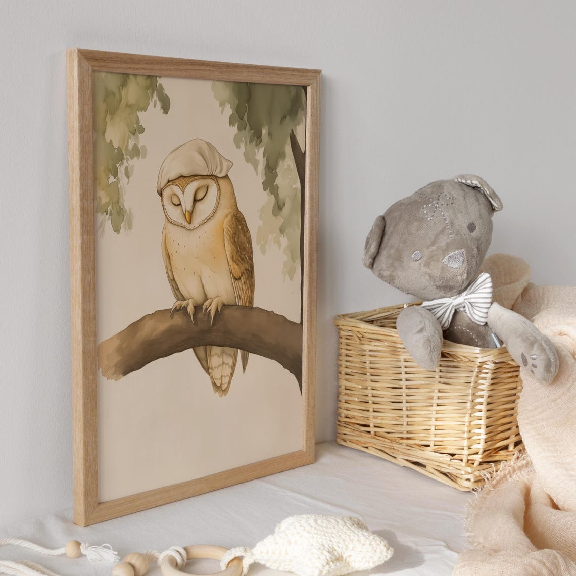Sleeping Barn Owl in a Nightcap on a Leafy Tree Branch Poster - Image 3