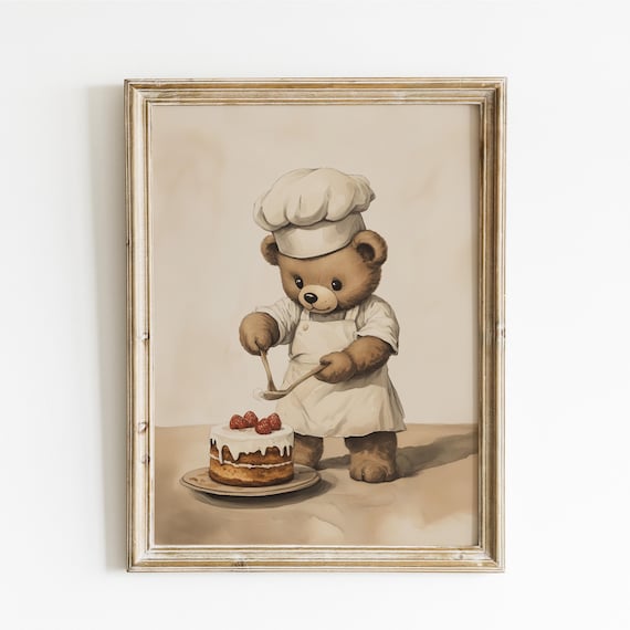 Teddy Bear Chef Frosting a Strawberry Cake Funny Animal Poster