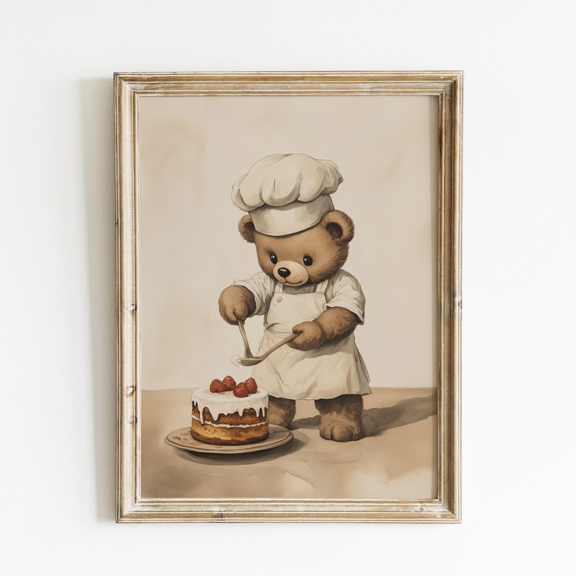 Teddy Bear Chef Frosting a Strawberry Cake Funny Animal Poster