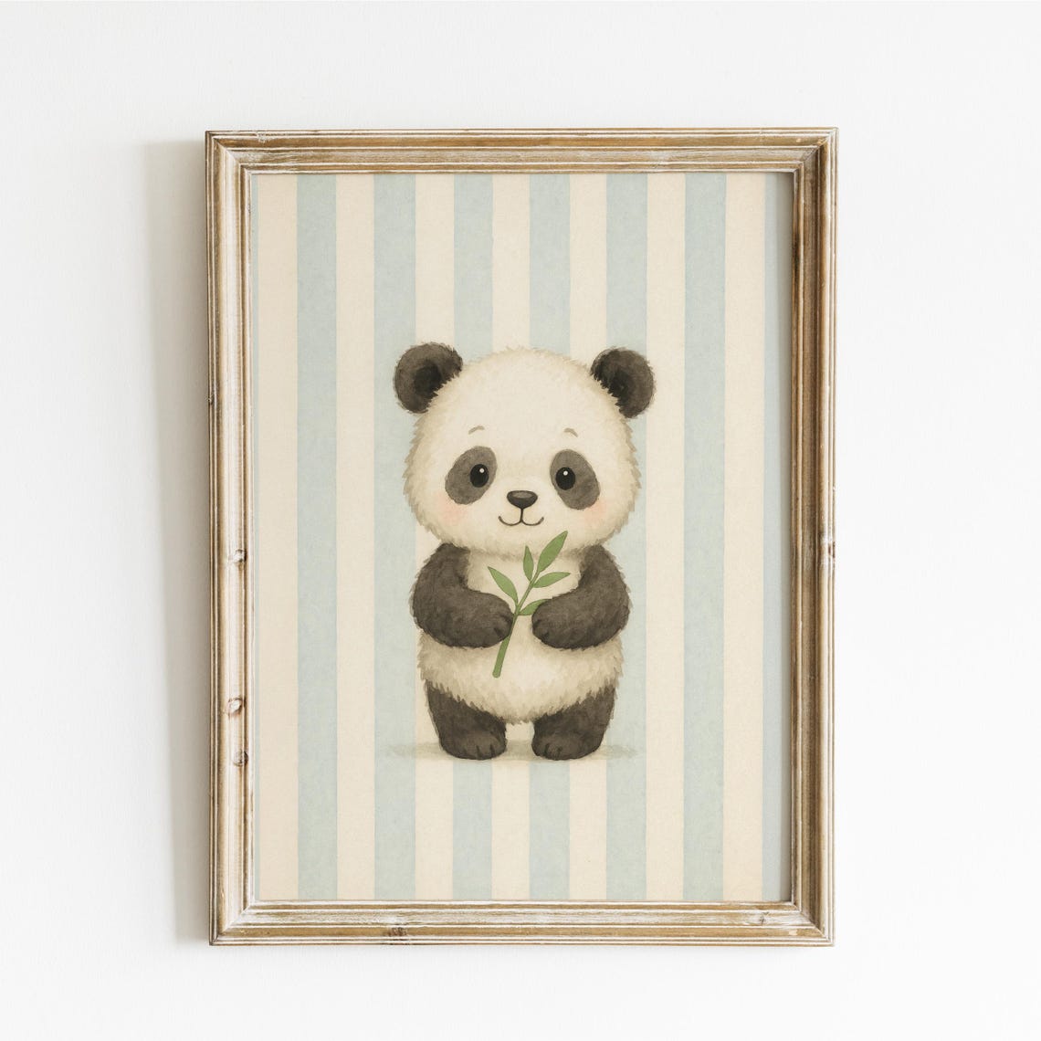 Cute Baby Panda Holding Bamboo Blue Stripes Nursery Art Print