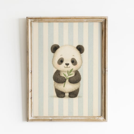 Cute Baby Panda Holding Bamboo Blue Stripes Nursery Art Print
