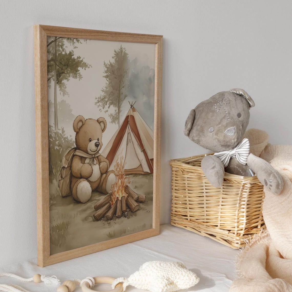 Teddy Bear Camping by a Campfire with Tent and Backpack Poster - Image 3