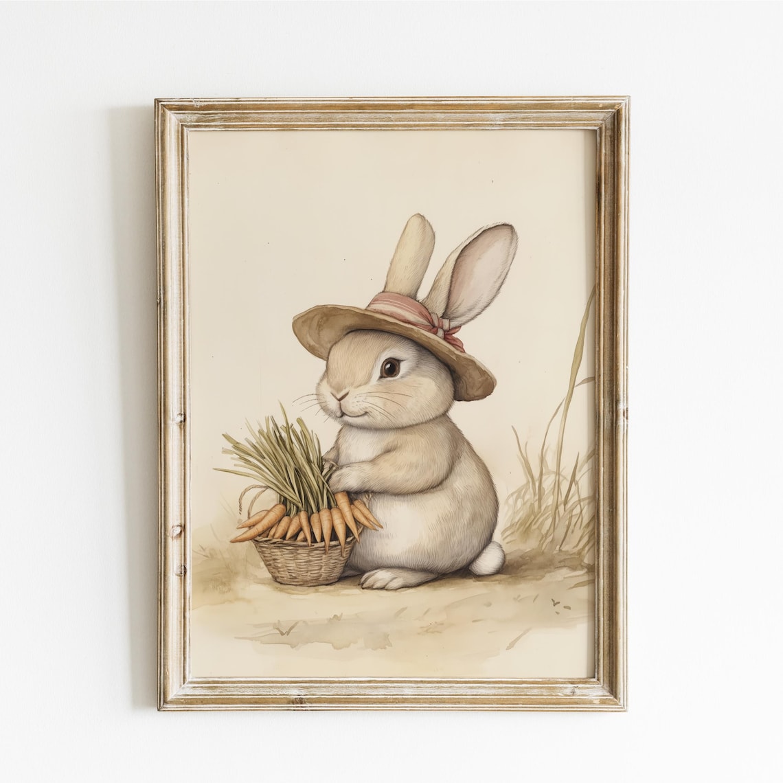 Bunny in a Sunhat Sitting Beside a Basket of Carrots Nursery Poster