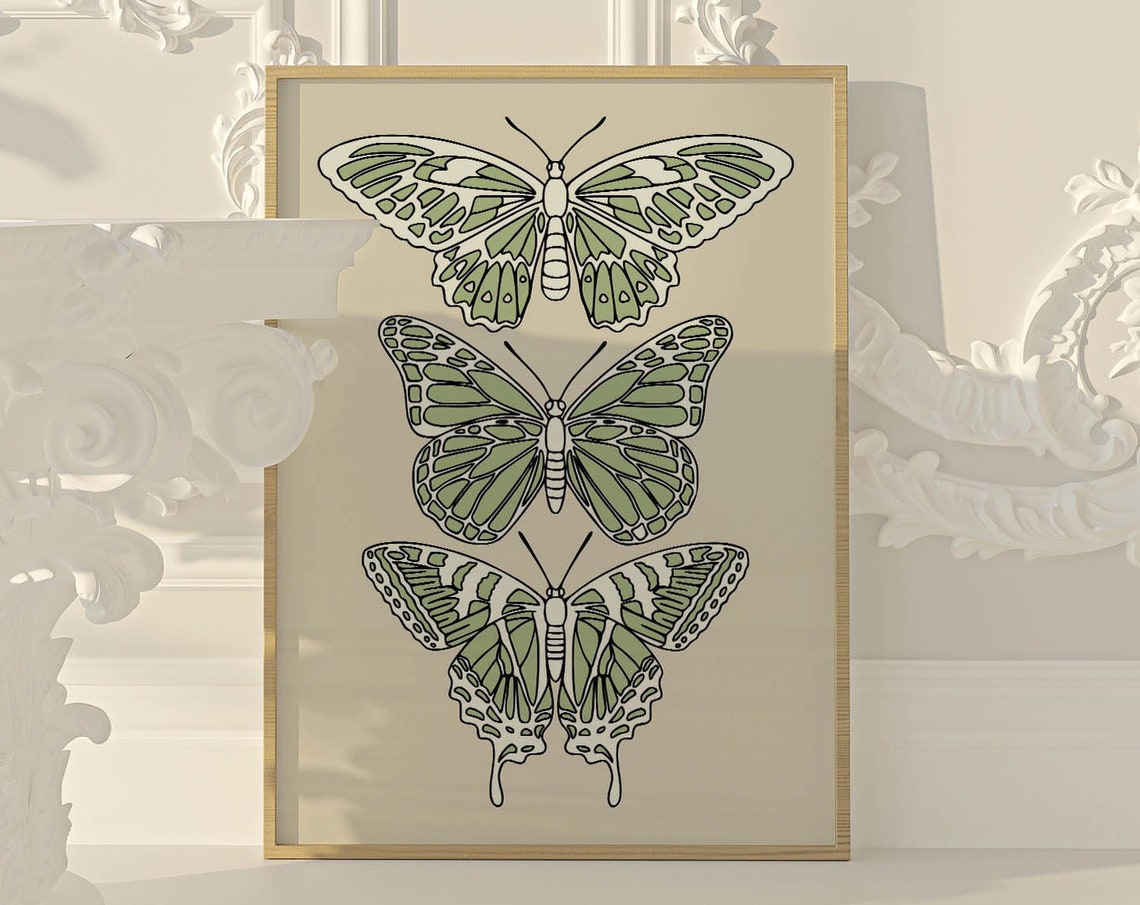 Sage Green Butterfly Stacked Trio Elegant Line Art Decor Poster