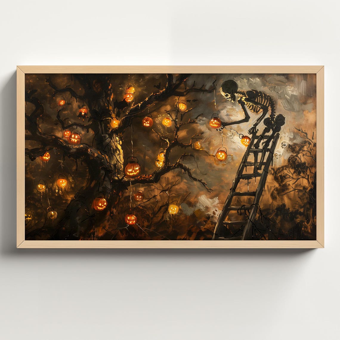 Skeleton Decorating Dead Tree With Hanging Pumpkin Lanterns Poster